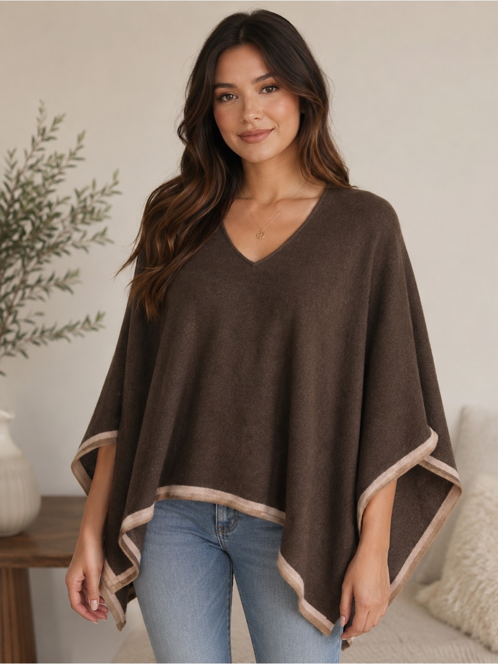 Max Studio Cashmere Poncho Sweater Brown One Size Cape Wrap